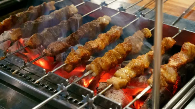 Several skewers of meat cooking side by side on a barbecue grill