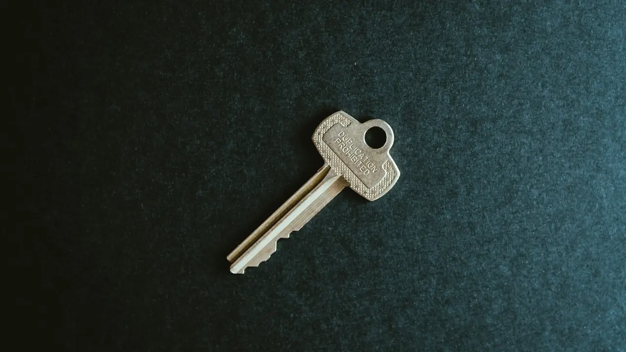 Single grey metal key lying on a plain white surface