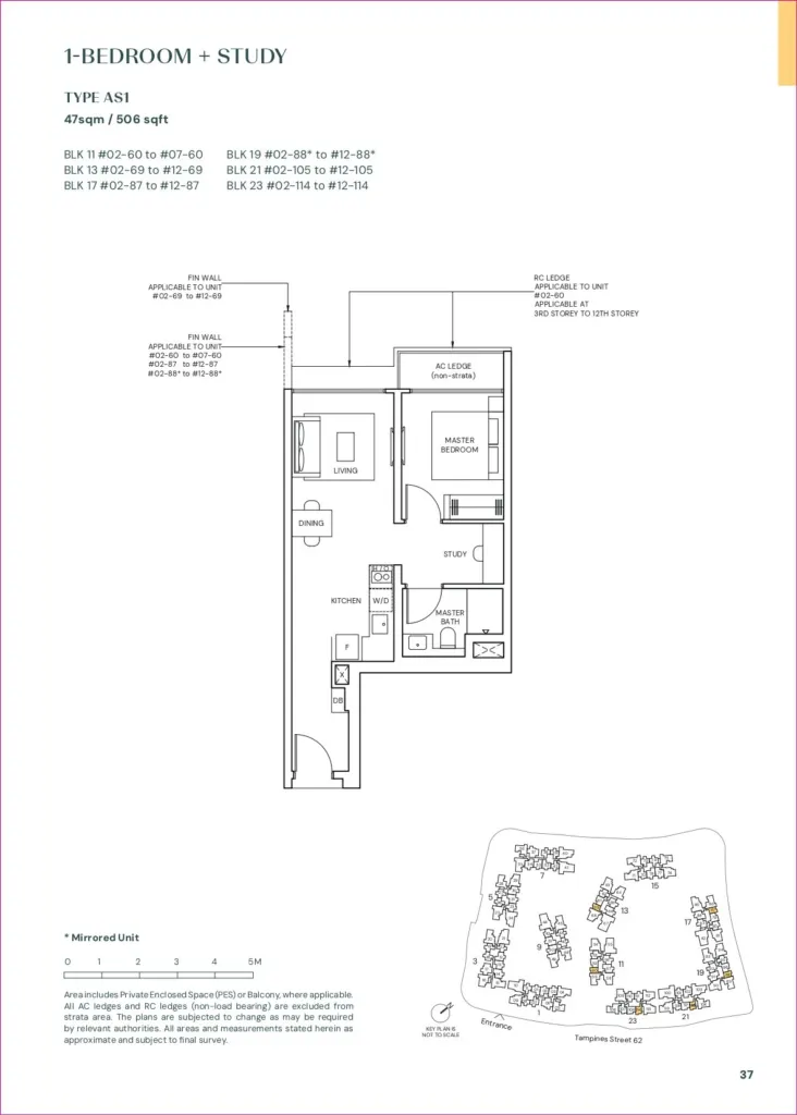 Indicative 1 bedroom + study floor plan of about 506 sq ft