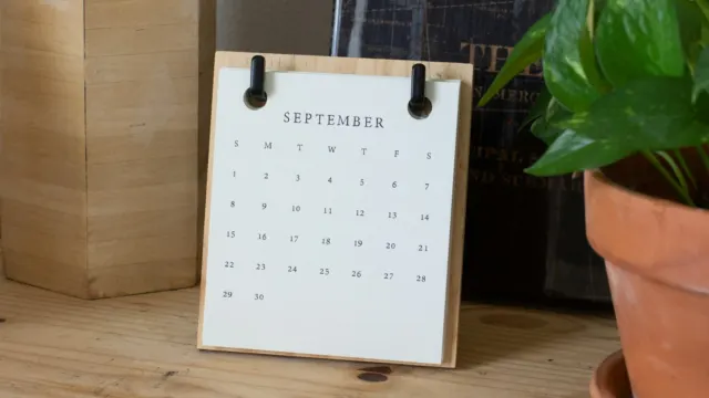 Small desk calendar showing September on a wooden shelf beside a potted plant