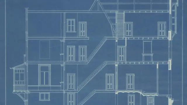 Architectural blueprint drawing showing the section and elevation of a multi-storey building