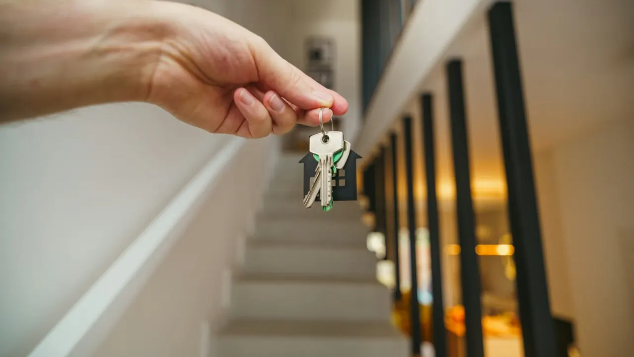 Hand holding a set of keys on a house-shaped keychain in front of a staircase