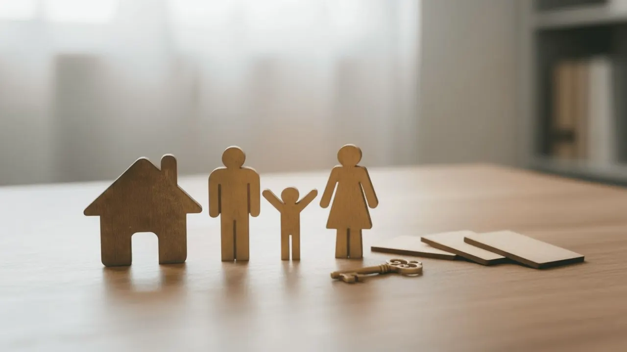 Small wooden family figures beside a toy house and a set of keys on a table