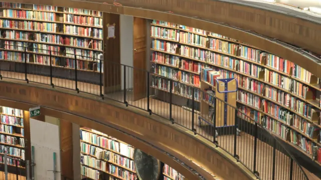 Curved library interior with tall shelves of books arranged around an open reading area