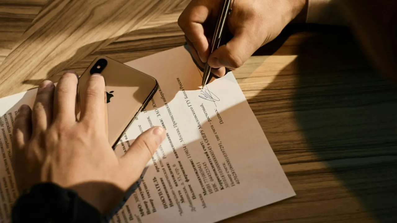 Person signing a printed document with a pen at a wooden desk