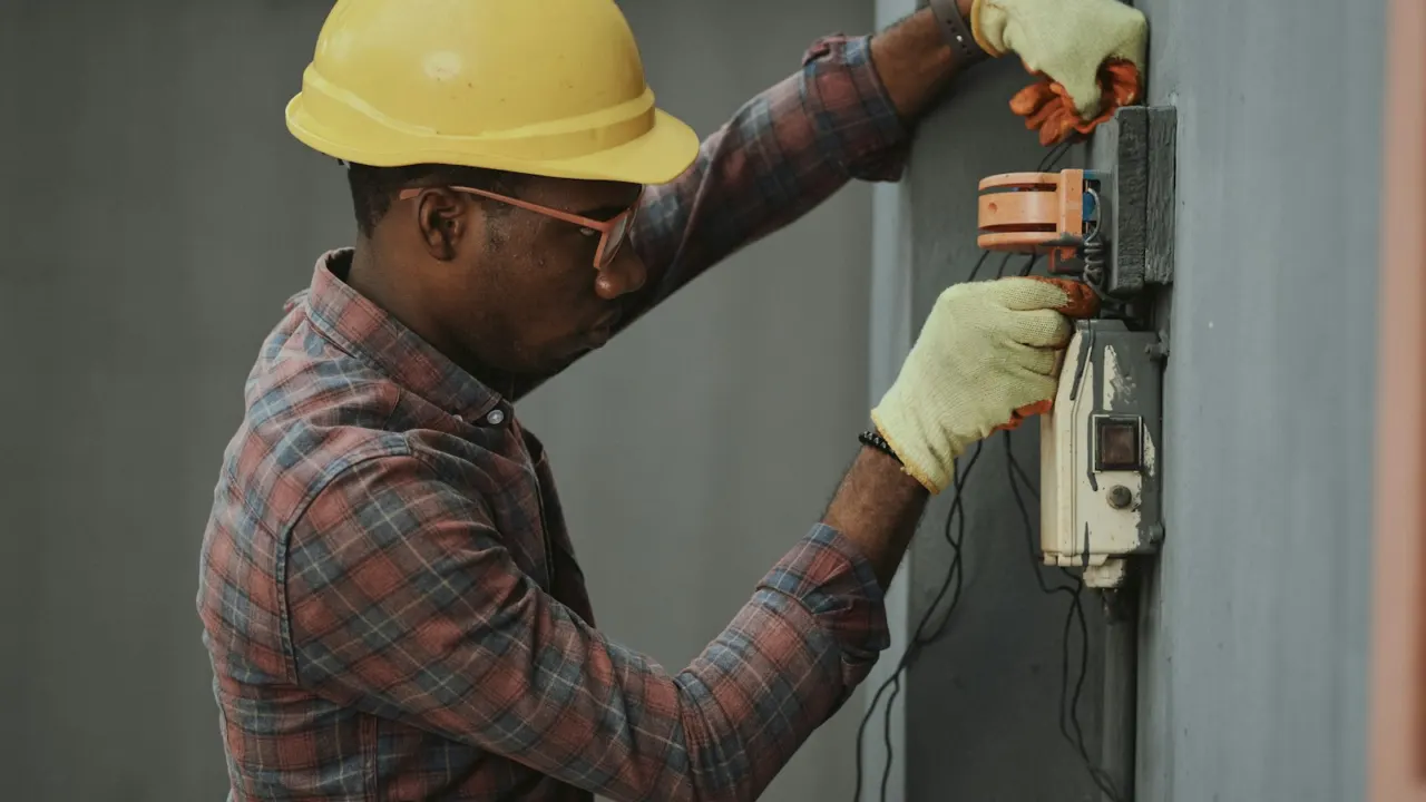 Worker in a hard hat fitting electrical wiring, one of the construction stages in a progressive payment schedule
