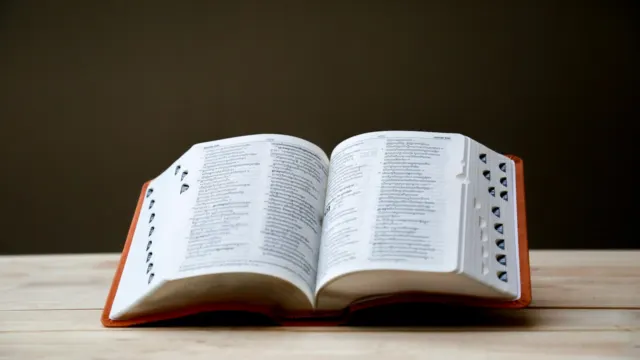 Open dictionary with thumb-index tabs lying on a wooden table