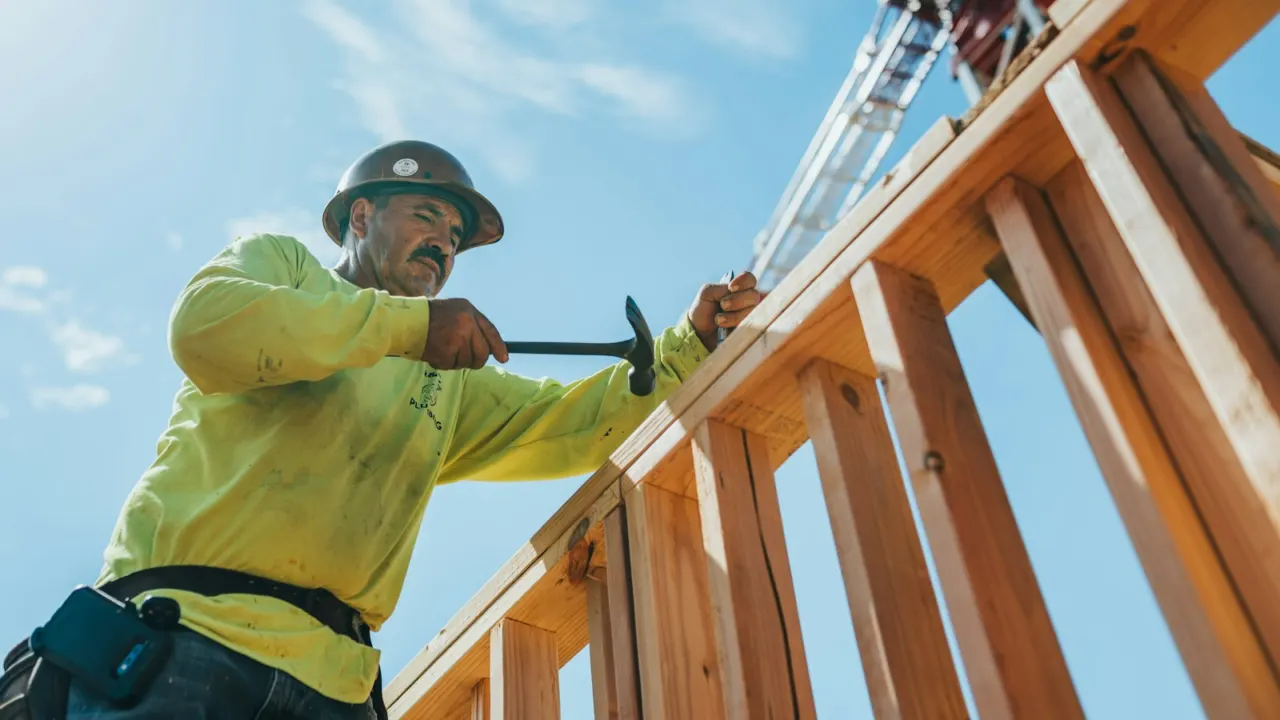 Construction worker in a hard hat building a timber frame, one of the stages between booking and handover