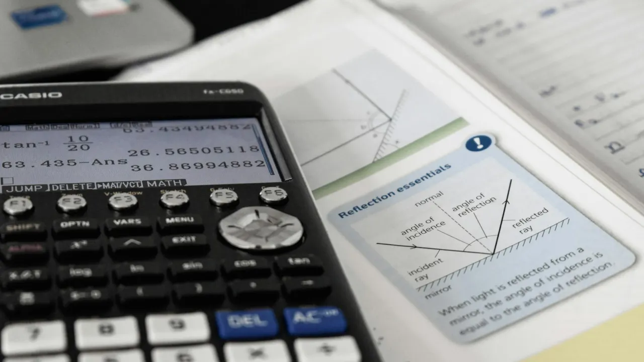Scientific calculator resting on an open school textbook and notes