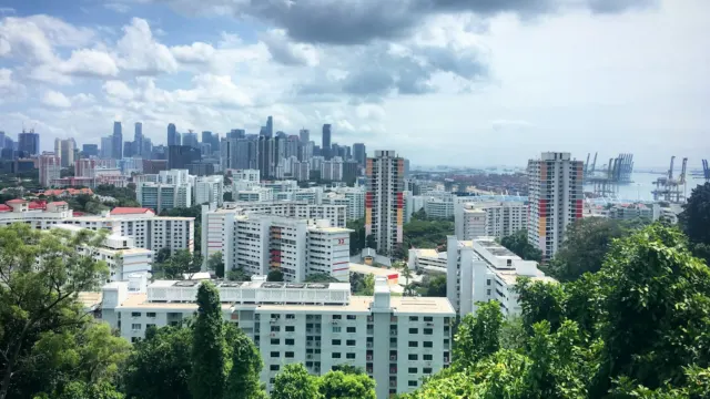 Residential blocks among thick green trees with city towers on the horizon under a cloudy sky