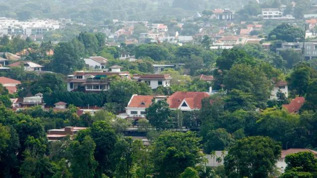 Low-rise houses with red tiled roofs scattered among trees on a green hillside
