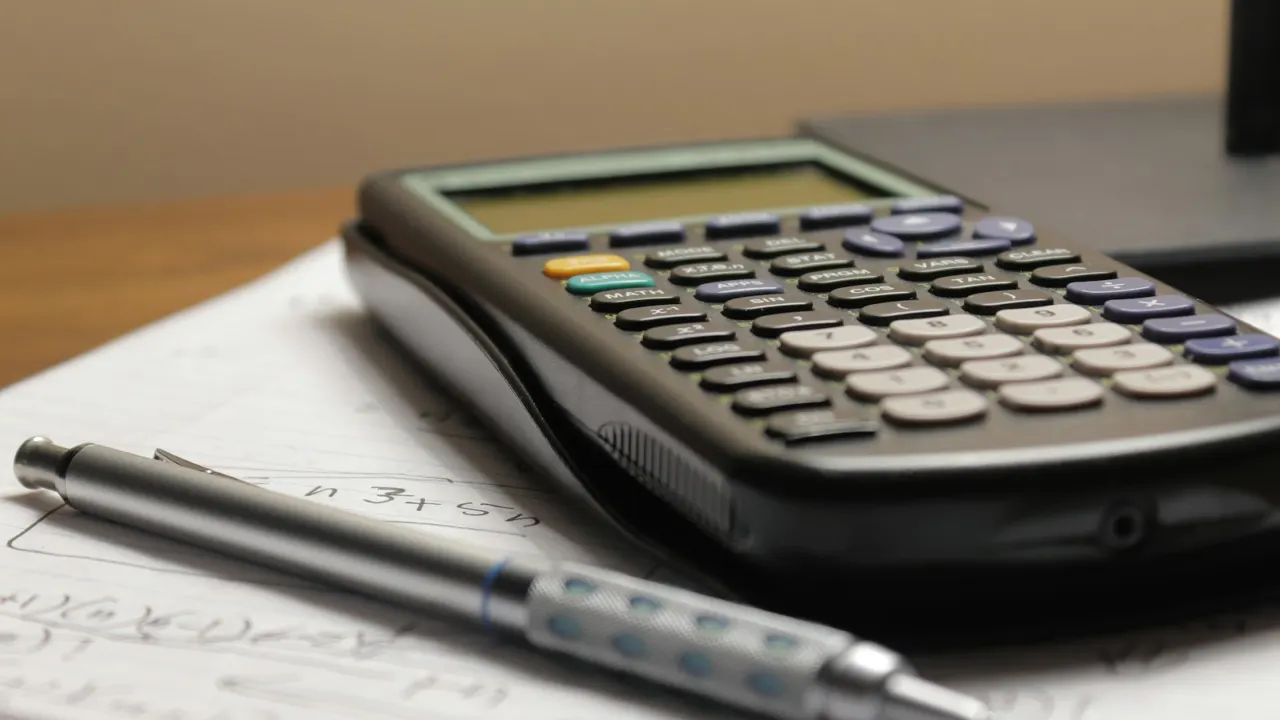 Calculator and pen resting on handwritten figures on a desk