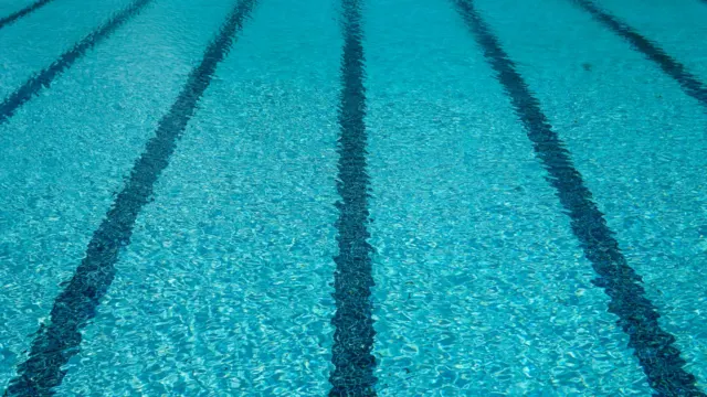 Close-up of dark lane lines on the tiled floor of a blue swimming pool
