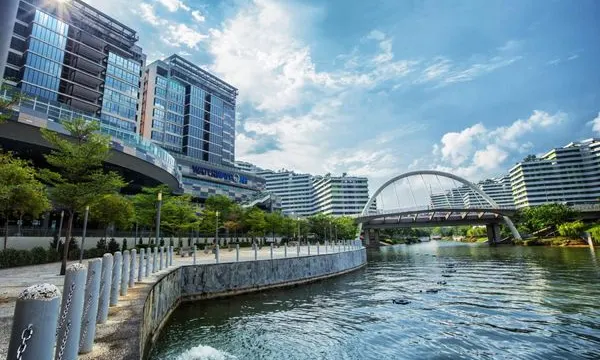 Waterway Point mall beside the Punggol Waterway, with its riverside frontage and walkway